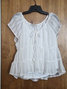 Francesca's Collections White Ruffle Tie-Front Peasant Top